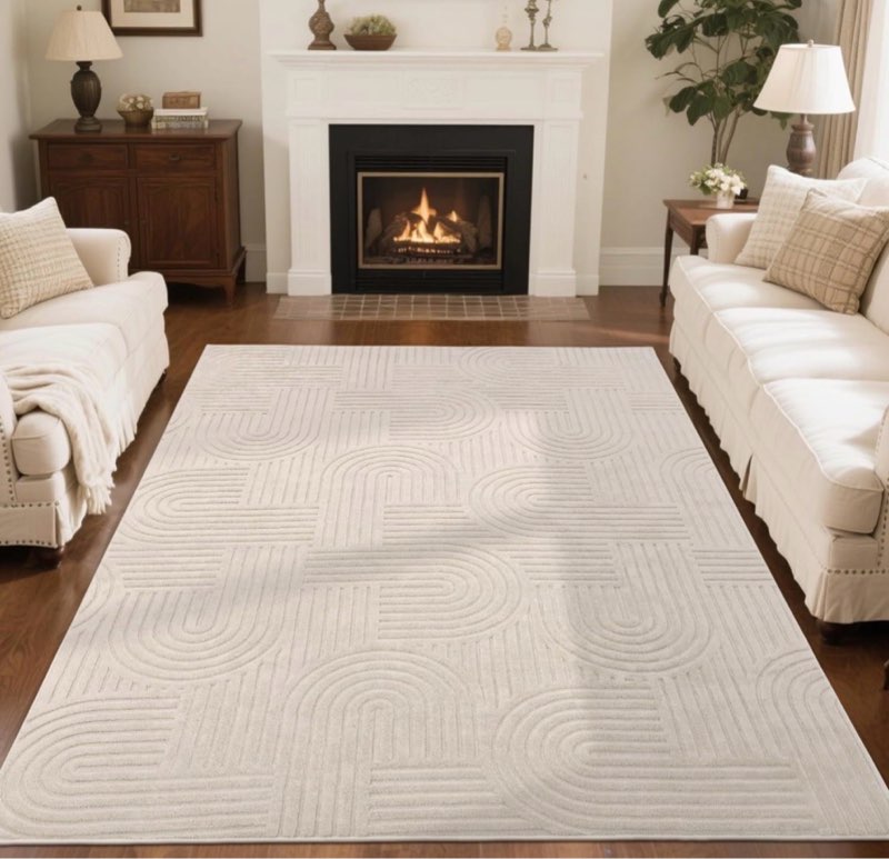 SHACOS Soft Cozy Fluffy Arch Pattern High-Low Pile Textured Area Rug 5'3"x7'3" Non Slip Washable Modern Geometric Rug Stain Resistant Contemporary Carpet for Living Room Bedroom Dining Room, Beige