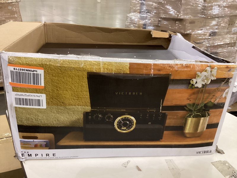 Condition photo showing As Is for Victrola The Empire Mid-Century 6-in-1 Turntable & Multimedia Center with Built-in Speakers – 3 Speed, Bluetooth Connectivity, Radio, Cassette & CD Player, RCA Out, Headphone Jack (Espresso)