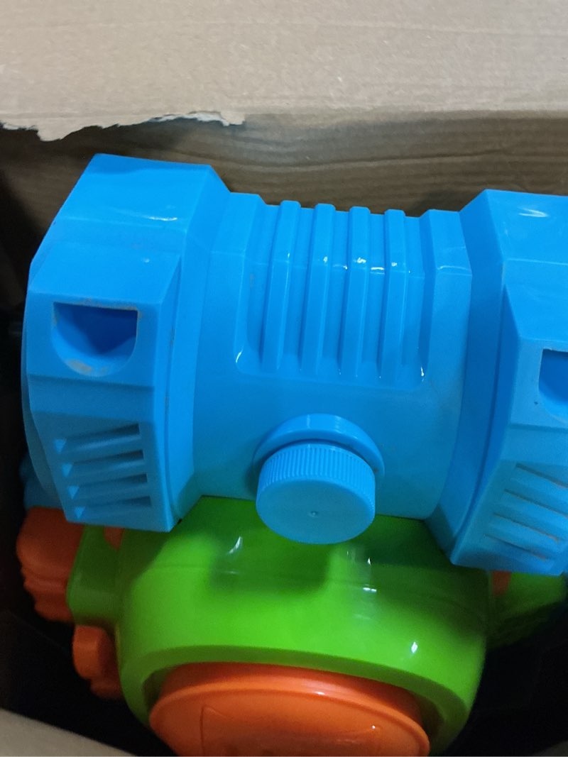 Condition photo showing As Is for sloosh bubble lawn mower toddler toys - spill-proof bubble machine pretend gardening play toy for age 1 2 3 1-3 year old baby boys indoor outdoor use, easter basket stuffers birthday gifts (blue)