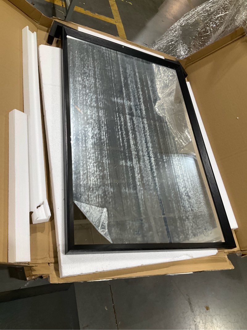 Condition photo showing Good Condition for weer 24x36 inch black bathroom mirror, matte black framed mirror, rectangular wall mirror, vanity mirror for bathroom, anti-rust, tempered glass, hangs horizontally or vertically matte black 24"l x 36"w