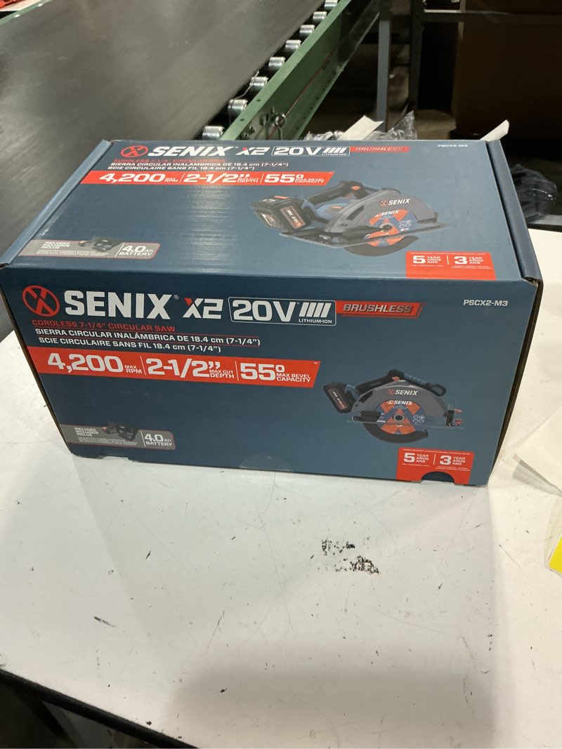 Condition photo showing New/Like New for senix 20 volt max* 7-1/4" cordless circular saw, brushless motor, led work light, 55 degree bevel, battery, charger, & storage bag included (pscx2-m3)