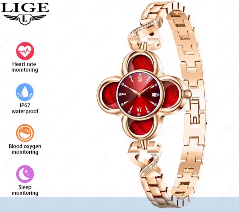 (The color is red)Green Lucky Clover Smart Bracelet with Quartz Clock - 24/7 Health Monitor Track Heart Rate Blood Oxygen Sleep Stress, Fitness Tracker IP68 Waterproof for Women Men, Compatible with Android iOS Phone