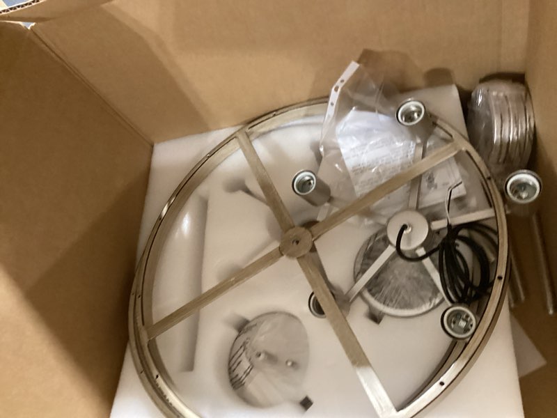 Condition photo showing Good Condition for xingqi 21.7" drum chandelier, farmhouse dining room light fixture, wood grain brushed nickel kitchen lighting 5 light with round metal shade vintage hanging light for living room bedroom nickel wood grain finish