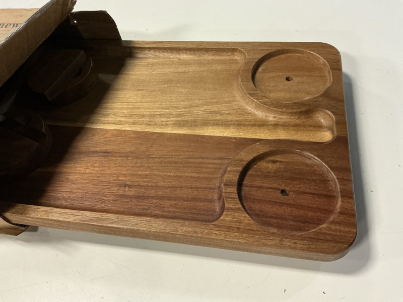 Condition photo showing As Is for nnewvante couch cup holder tray, 3 in 1 large 15.36"x9.85" acacia wood sofa arm clip on tray table with 360°rotated phone holder on armrest