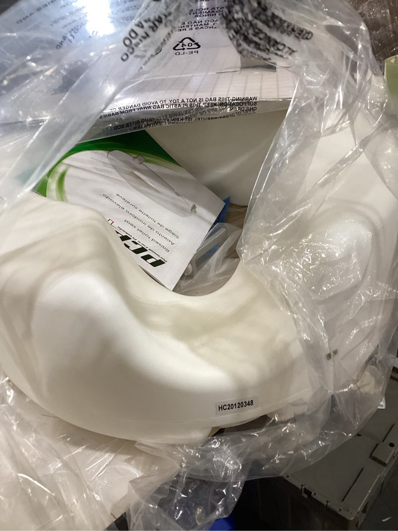 Condition photo showing As Is for pcp 5\" elevated toilet seat, universal fit, tall profile rise height lift, tightening stability lock, portable bath safety commode support includes just one