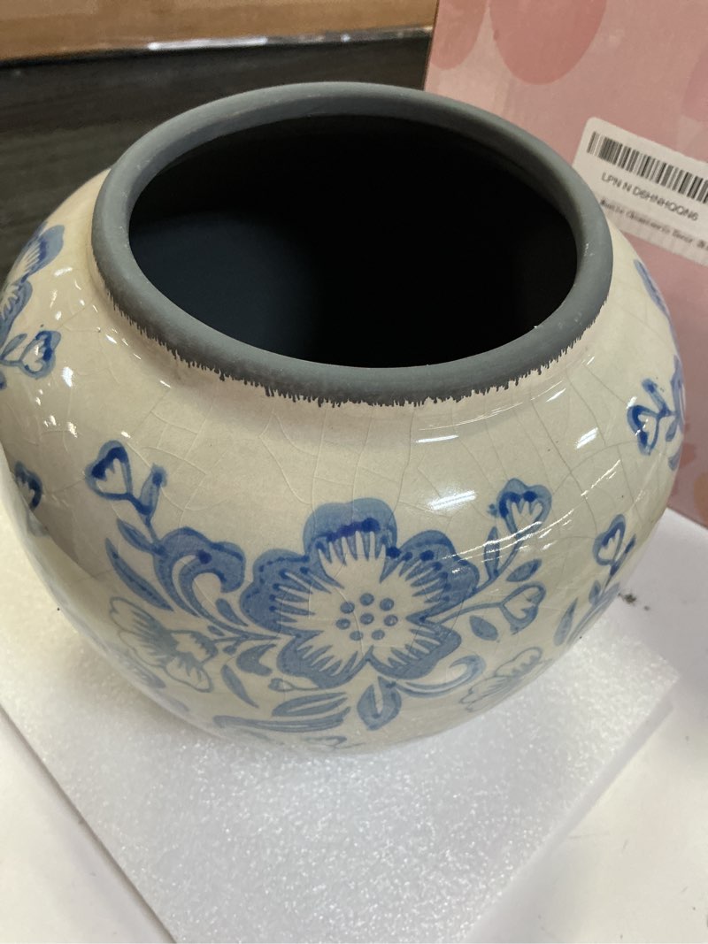 Condition photo showing Good Condition for blue and white vases, ceramic vases for home decor, farmhouse flower vase, blue vase for living room decor, vintage vase for console table mantle chinoiserie decor white and blue floral