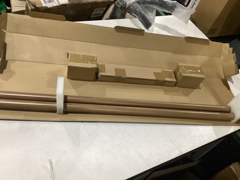 Condition photo showing New/Like New for 1-1/8 inch diameter faux wood curtain rod with wood grain finials, 72-144 inch telescoping single curtain rods for window width 68-140 inch, 1 pack 72-144'' chestnut color