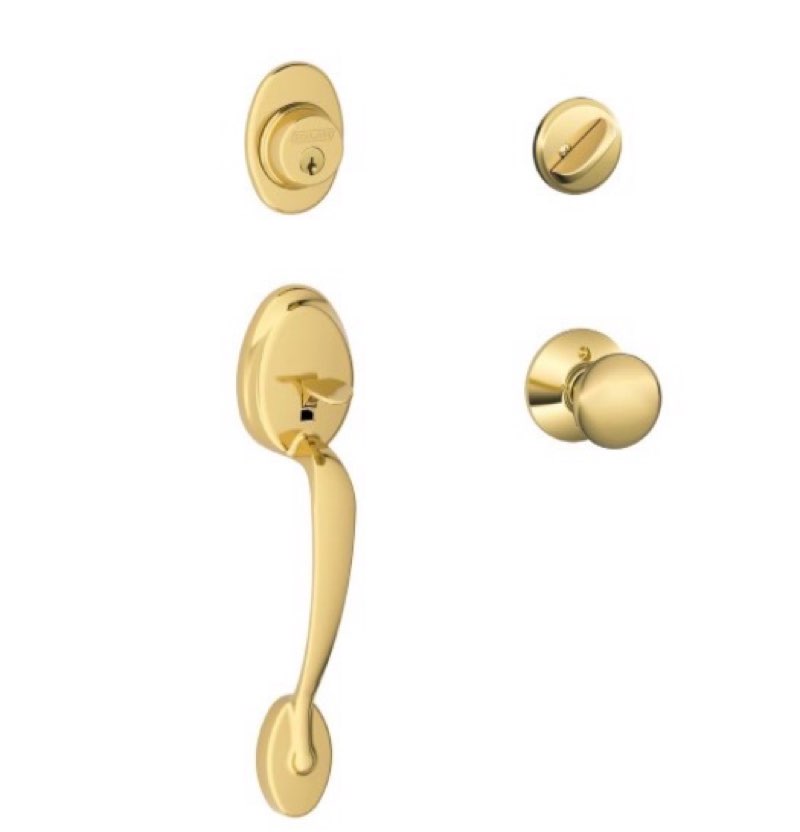 schlage plymouth single cylinder handleset and plymouth knob, bright brass (f60 ply 605) bright brass plymouth knob