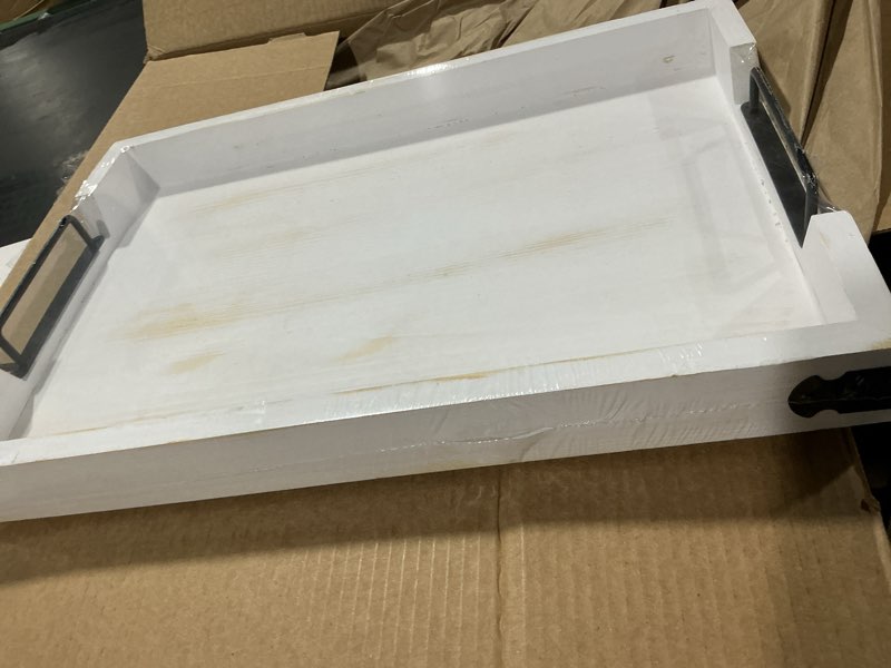 Condition photo showing New/Like New for wooden rustic x-large serving tray with handles | white vintage style | decorative metal corners | ottoman & coffee table décor xl rustic white