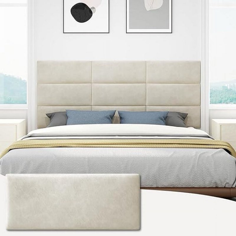 Amoveo Queen Headboard, Wall Mounted Peel and Stick Headboard, Upholstered Leather Bed Headboard for Queen Size Bed, Floating Dorm Bedroom Tall Headboard Soundproof Wall Panels (9 Panels, 10"x24")