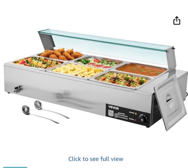 vevor commercial food warmer, 1500w electric stainless steel steam food warmer with glass cover, 6 x