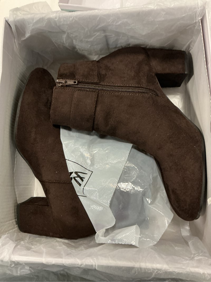 Condition photo showing New/Like New for WHITE MOUNTAIN Women's Shoes Freckly Block Heel Bootie 6.5 Dkbrown/Fabric