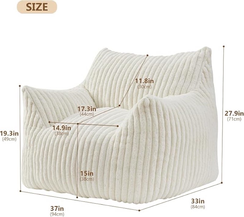 Giant Bean Bag Chairs for Adults Teens, Large Bean Bag Sofa Chairs with Filling Comfy Fuzzy BeanBag Chair with Armrests for Bedroom Living Room Reading
