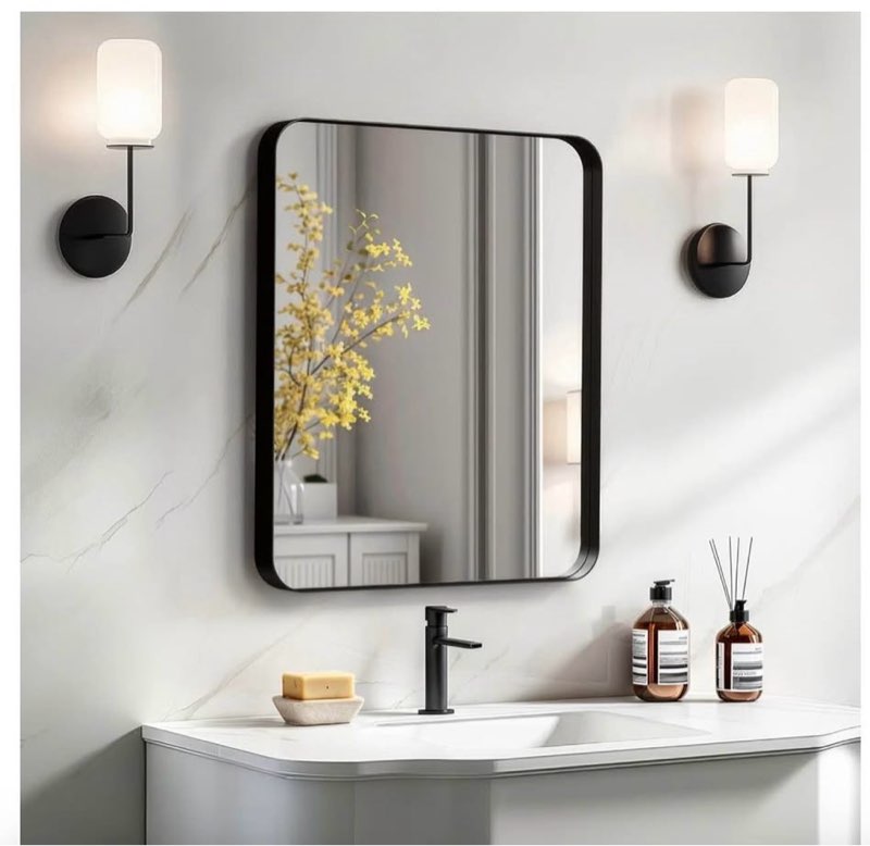 kosmonia 20x16 bathroom vanity mirror for wall, aluminum framed, farmhouse rectangle, anti-rust, hd reflection anti-desilvering, distortion free, tempered and shatter-proof wall mounted mirror, black