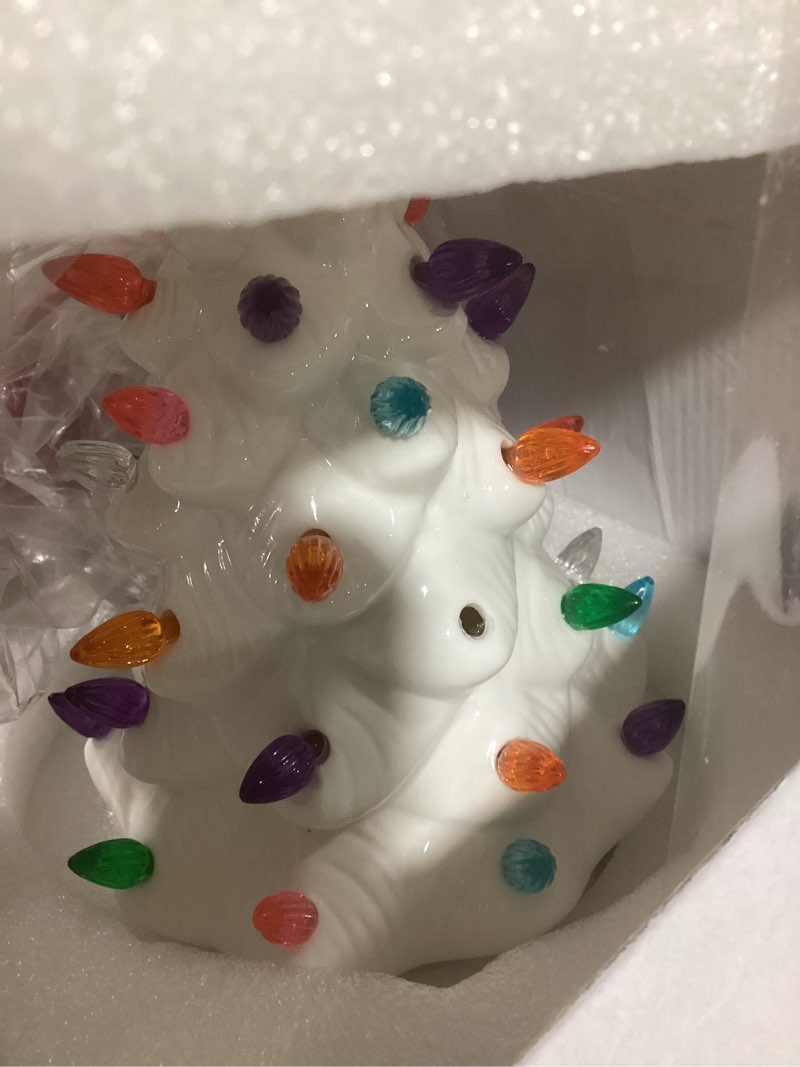 Condition photo showing As Is for (Missing bulb)Lenox Figurine, Treasured Traditions Ivory Light-Up Ceramic Christmas Tree Figurine, Christmas Decorations, Holiday Winter Decor Indoor (Ivory, 1 Piece, 8.82-Inch Height) 3 AAA Batteries Not Included Lit Tree, Ivory