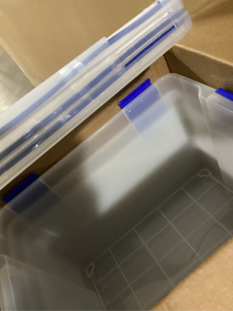 Condition photo showing Good Condition for iris usa weatherpro 74 qt storage bins with lids, 3 pack, bpa-free plastic gasket box with tight latch and seal, stackable nestable tote tub - clear/blue 74 qt. - 3 pack