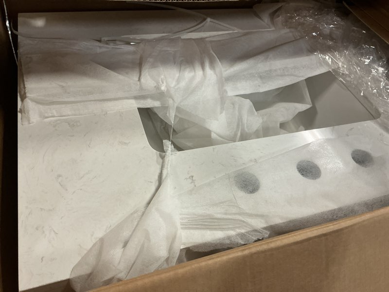 Condition photo showing As Is for allen + roth sandbanks 30-in white undermount single sink bathroom vanity with white engineered stone top