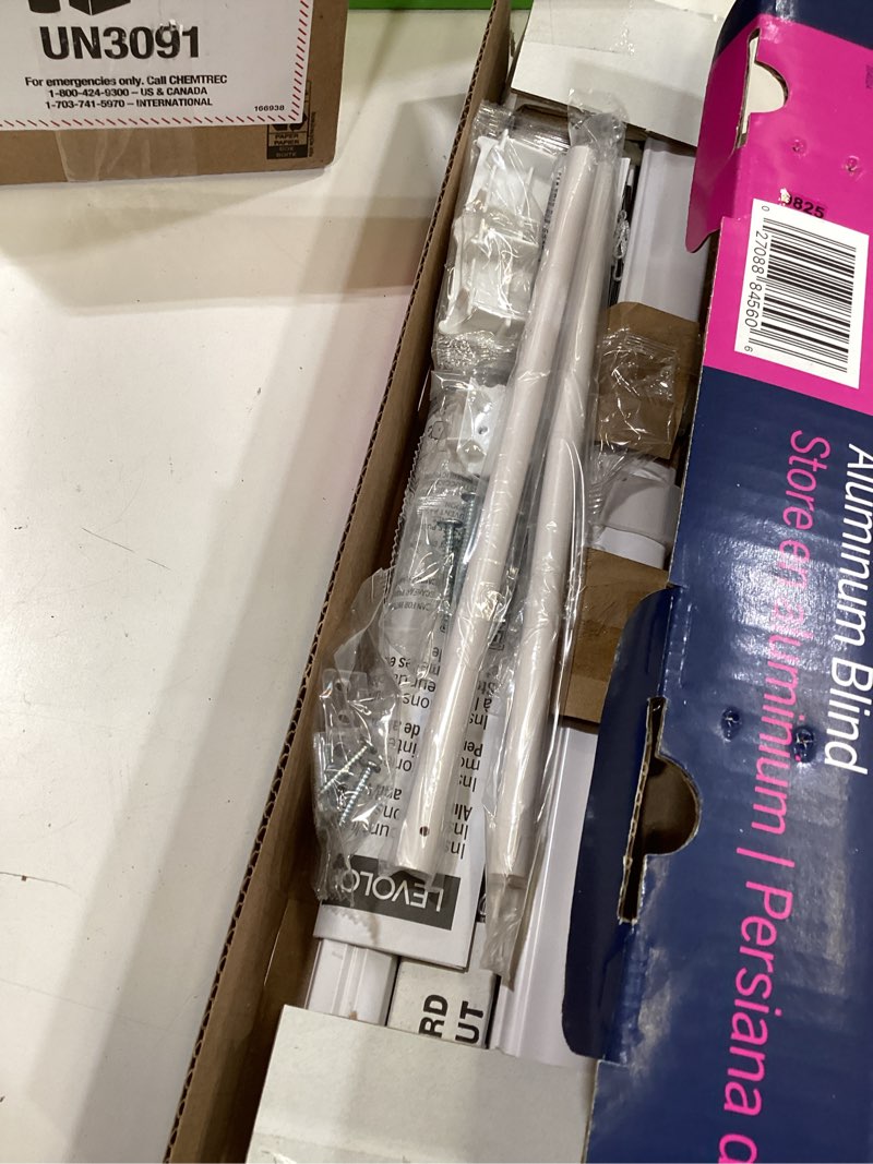 Condition photo showing As Is for levolor trim+go 1-in slat width 19-in x 64-in cordless white aluminum room darkening mini-blinds