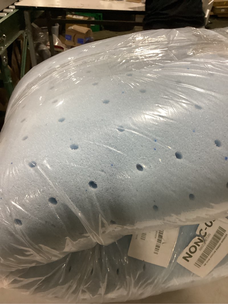 Condition photo showing As Is for best price mattress 2-inch ventilated gel memory foam topper - full, dorm essentials, blue full 2 inch