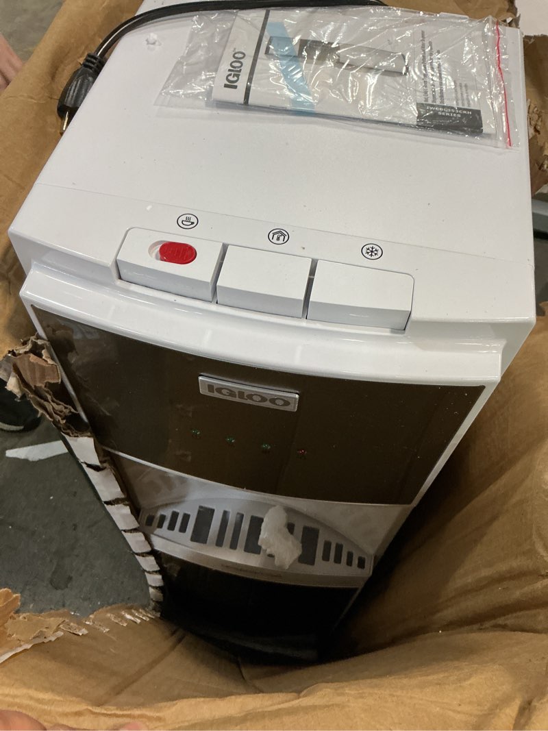 Condition photo showing As Is for Igloo Bottom Load Water Cooler Dispenser - Hot, Cold, or Room-Temperature Water - Holds 3 or 5 Gallon Bottles - Child Safety Lock - Perfect for Homes, Kitchens, Dorms - White Stainless Stainless White Bottom Load