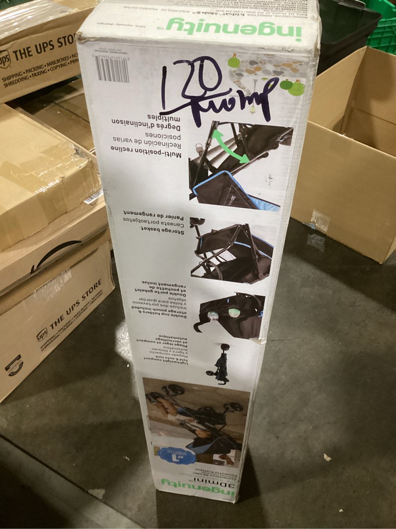 Condition photo showing New/Like New for ingenuity 3d mini convenience stroller – lightweight stroller with compact fold, multi-position recline, canopy with pop out sun visor – umbrella stroller for travel & more, blue/black