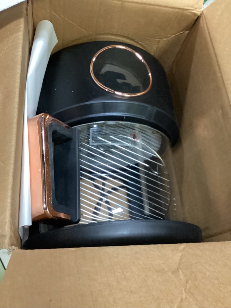 Condition photo showing As Is for 4.7qt glass air fryer, 360° viewable glass air fryer non toxic, 6-in-1 preset cook modes, digital display, adjustable temp 100f - 400f, nonstick, dishwasher safe, black