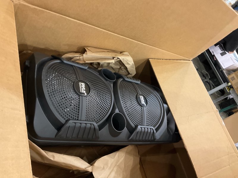 Condition photo showing As Is for Pyle Portable Bluetooth PA Speaker System - 600W Rechargeable Outdoor Bluetooth Speaker Portable PA System w/ Dual 8” Subwoofer 1” Tweeter, Microphone In, Party Lights, USB, Radio, Remote - PPHP2835B
