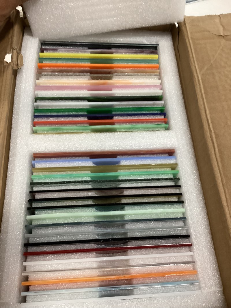 Condition photo showing New/Like New for 36 sheets opaque stained glass bulk variety pack, 4 x 6 inch mosaic glass tiles for crafts, assorted colors cathedral art glasses sheets for stained glass making projects opaque iridescent mixed 36 colors