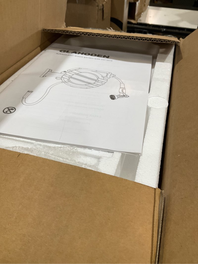 Condition photo showing Good Condition for glahoden retractable garden hose reel 5/8 in x 100 ft upgraded uv resistant heavy duty automatic hose reel wall mount 3/4 in brass fitting 9 pattern nozzle any length lock slow retraction 180° swivel 5/8" 100ft light gray