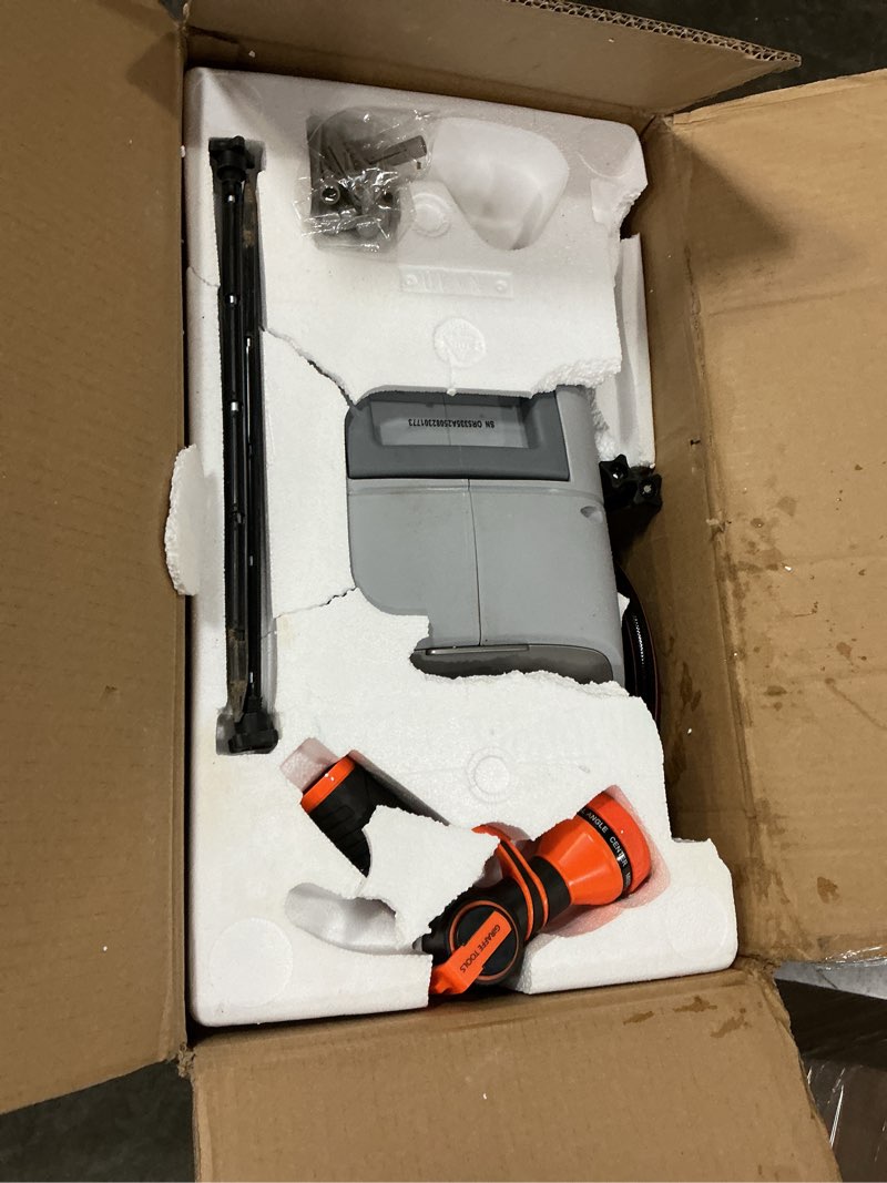 Condition photo showing As Is for giraffe tools retractable hose reel with 1/2 inch x 100ft, heavy duty ground mount garden hose reel, automatic rewind,with 9-function sprayer nozzle & flexible swivel base 100 ft 1/2 inch