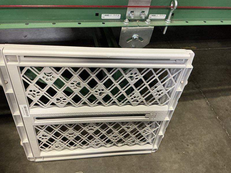 Condition photo showing As Is for mypet north states paws portable pet gate: 26-40" wide. pressure mount. no tools needed. made in usa. dog gate 23" tall, expandable, durable dog gates for doorways, light gray