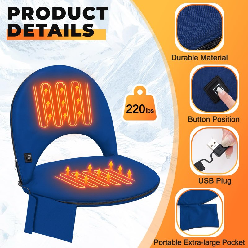 Teenyyou Heated Stadium Seat Cushion for Bleachers with Back Support Extra Portable Foldable Heating Stadium Seats Chair Pad with USB 3 Level Heating Pocket for Outdoor Sport 2 blue