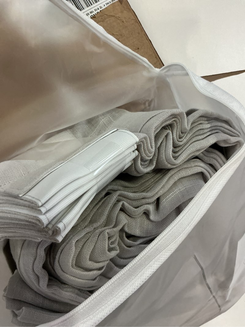 Condition photo showing Good Condition for twopages light grey pinch pleated sheer curtains, 52" w x 90" l, 2 panels | linen textured curtains 90 inches long for living room breathable open weave faux linen privacy light filtering drapes