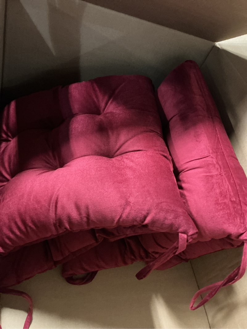 Condition photo showing Good Condition for set of 2 outdoor dining chair cushions, 37x18 inch red