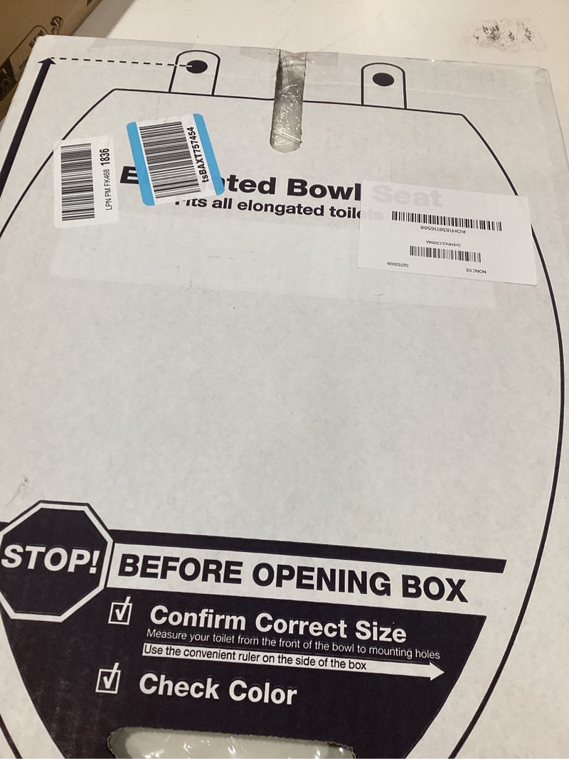 Condition photo showing New/Like New for KOHLER K-7315-96 Cachet Quick-Release Elongated Toilet Seat, Quick Attach Hardware, Easy to Clean, Color-Matched Plastic Hinges, Biscuit Elongated Biscuit