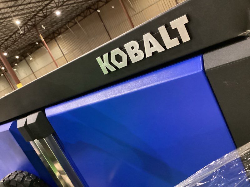 Condition photo showing As Is for kobalt 36-in w x 72-in h x 18.5-in d freestanding steel garage cabinet in blue