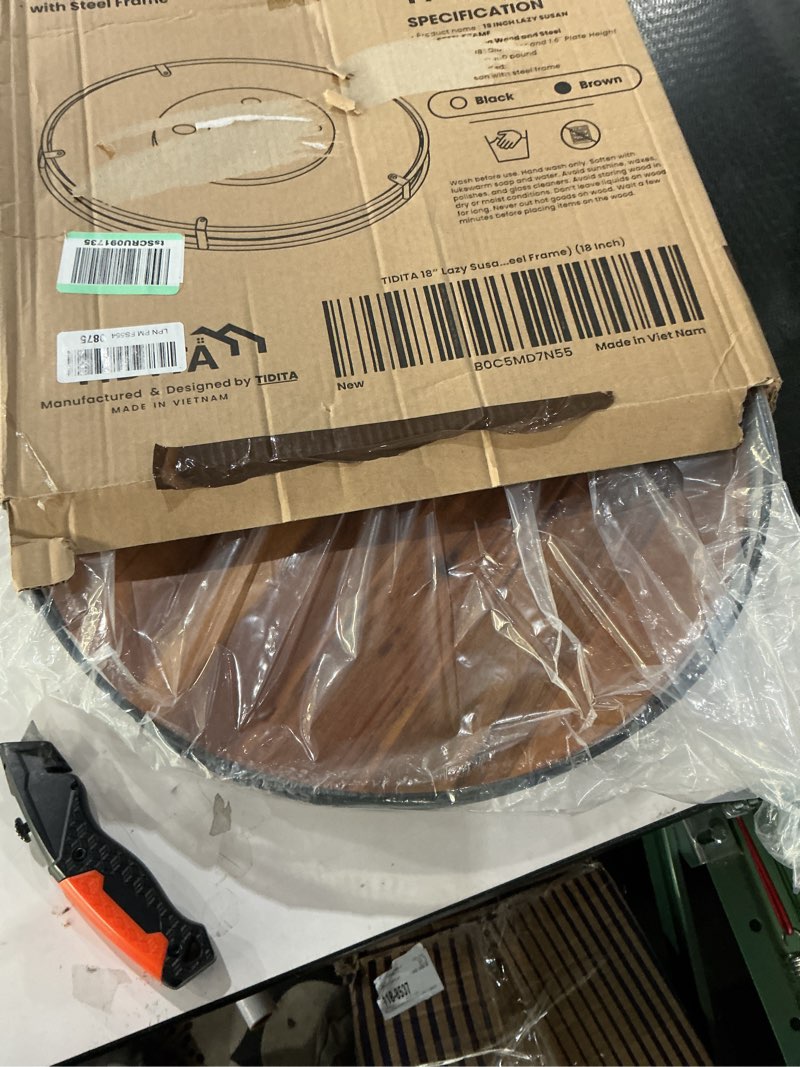Condition photo showing New/Like New for 18" Acacia Wood Lazy Susan Turntable with Metal Frame - Large Brown Lazy Susans Organizer Countertop Storage - Wooden Serving Tray for Charcuterie Cheese Board - Kitchen Counter Rotating 18 Inch Acacia