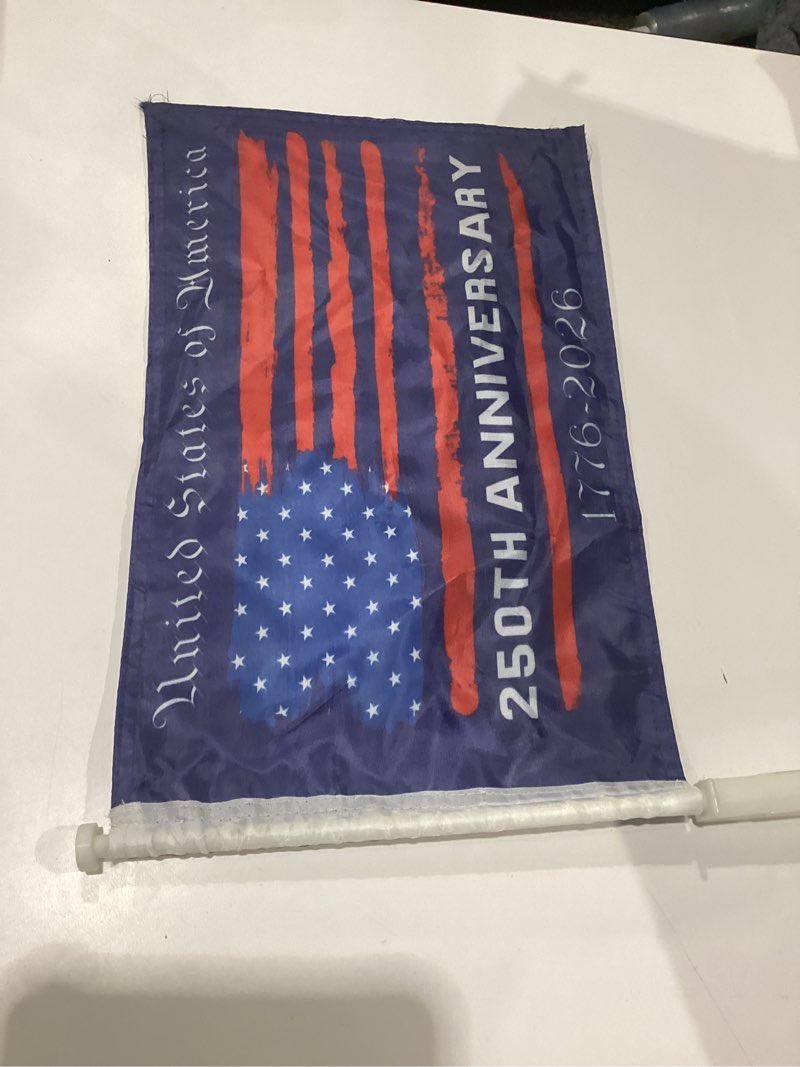Condition photo showing As Is for remagr 2 pack 250th anniversary car flag 11 x 17 inch usa sports car window flag with flagpole double sided printed festival parade decoration for parades driving at a constant speed of 10-30 mph