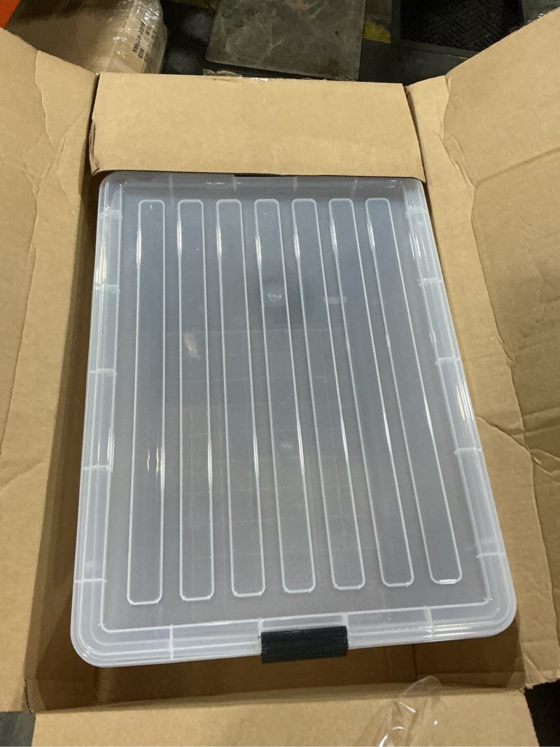 Condition photo showing As Is for IRIS USA 132 Qt Stackable Plastic Storage Bins with Lids, 1 Pack - BPA-Free, See-Through Organizing Solution, Latches, Durable Nestable Containers, Secure Pull Handle, Made in USA - Clear Clear 144 Qt. - Single