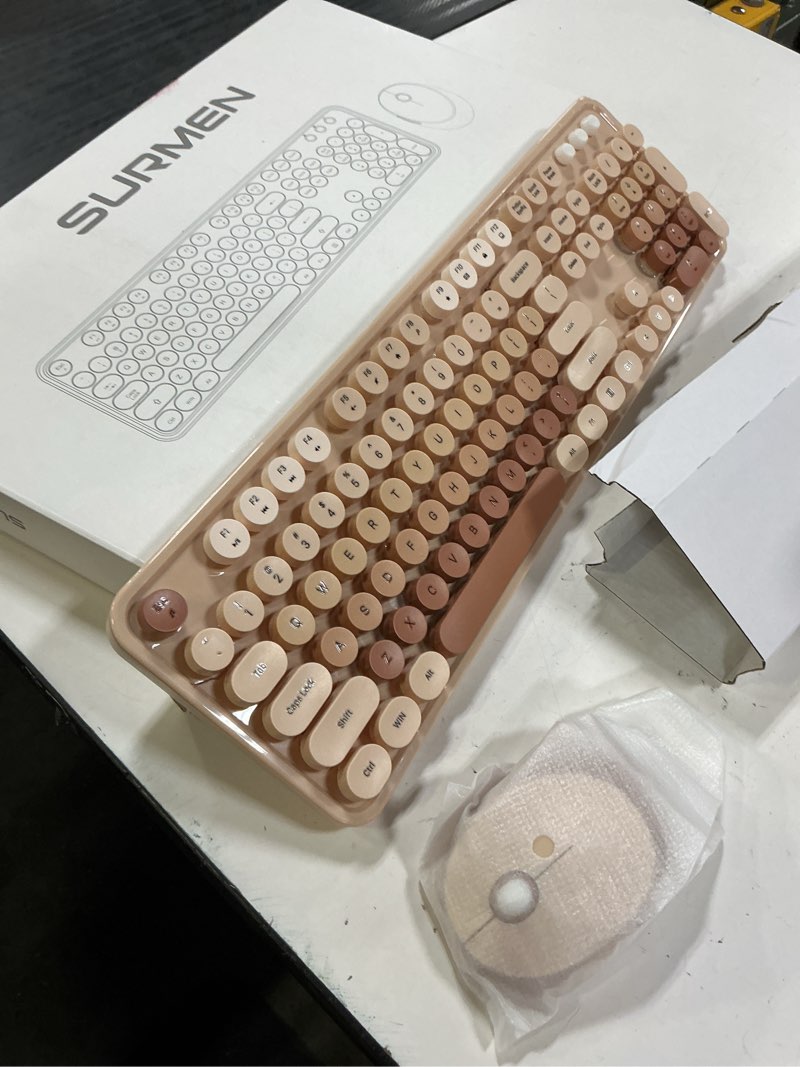 Condition photo showing Good Condition for fogruaden wireless keyboard and mouse combo, retro typewriter full-size keyboard with number pad and cute mouse, gradient colorful computer keyboard for windows pc desktops laptop gradient brown
