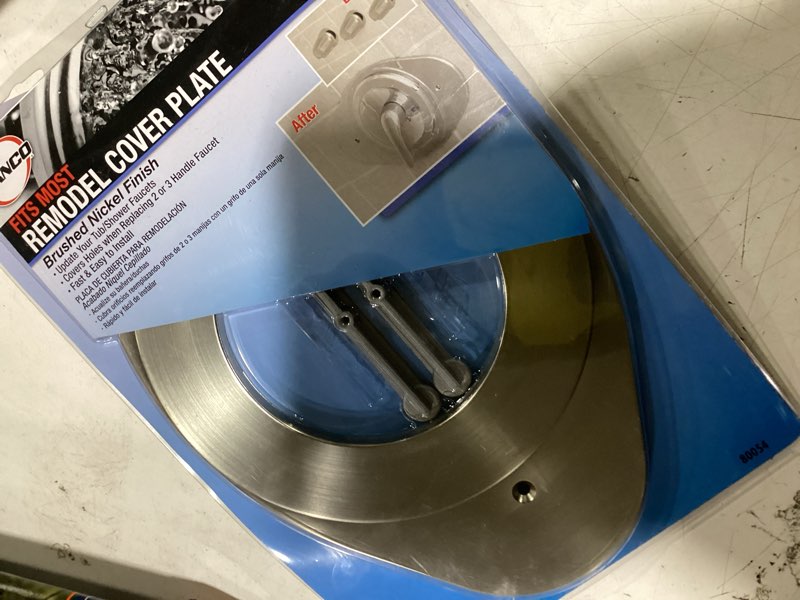 Condition photo showing Good Condition for single handle remodeling cover plate in brushed nickel