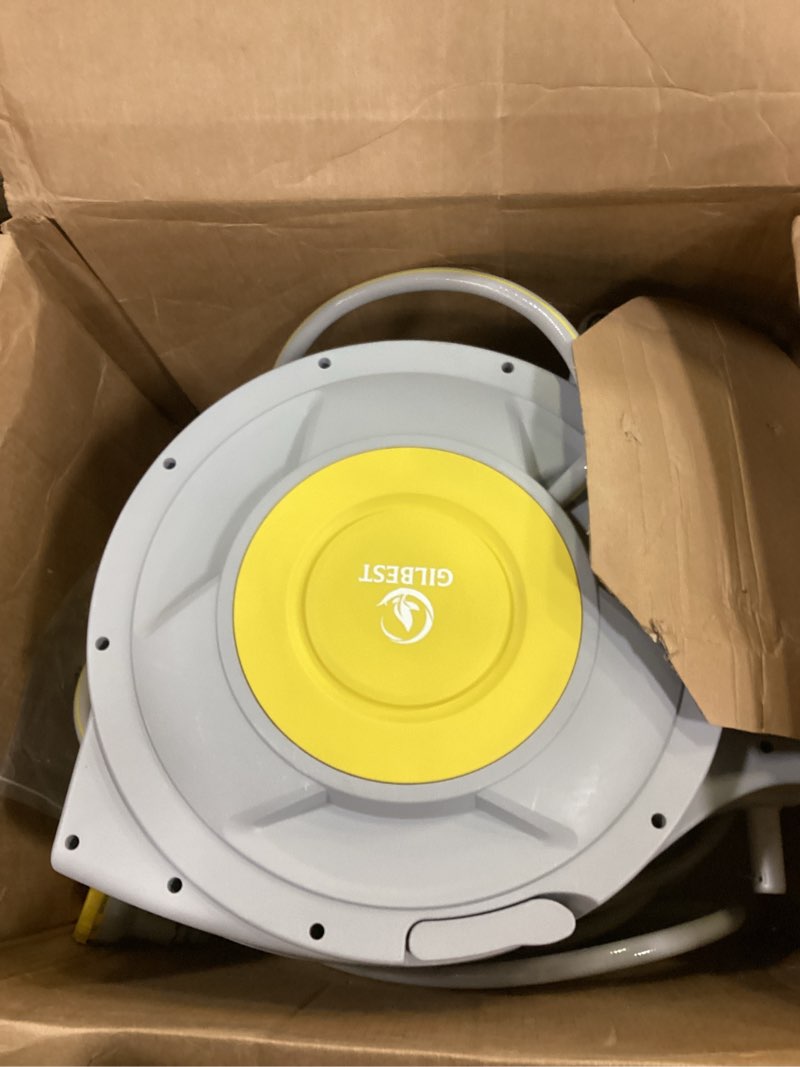Condition photo showing As Is for 5/8" x 100 ft retractable garden hose reel, heavy duty water hose reel wall mounted, any length lock, 180°swivel, water hose with 8-function nozzle for cleaning, watering(yellow)