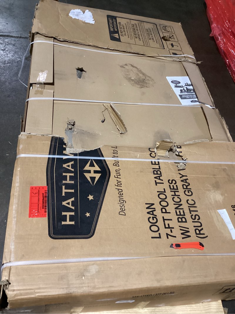 Condition photo showing New/Like New for Hathaway Logan 7-ft Pool Table Combo Set with Benches - Rustic Gray with Blue Felt, Barnwood