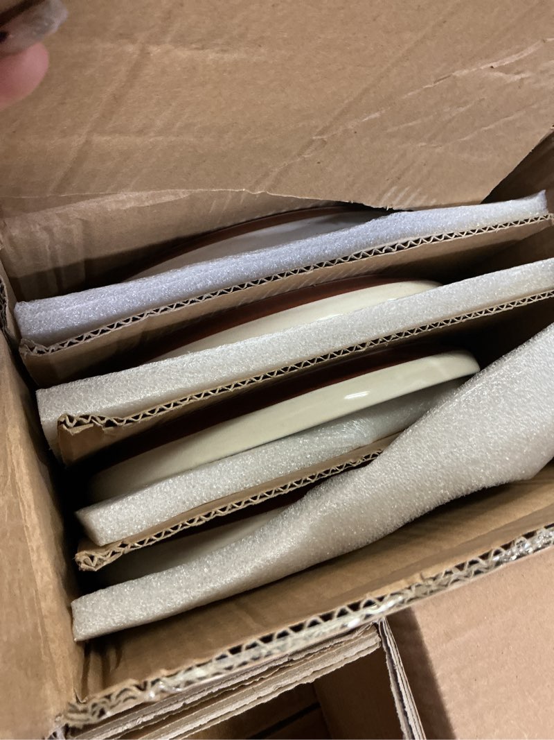 Condition photo showing As Is for e-far 18-piece stoneware dinnerware sets, plates and bowls sets for 6, ceramic dishware dishes set with terracotta base, chip & scratch resistant, microwave & dishwasher safe, speckled white whisper white service for 6