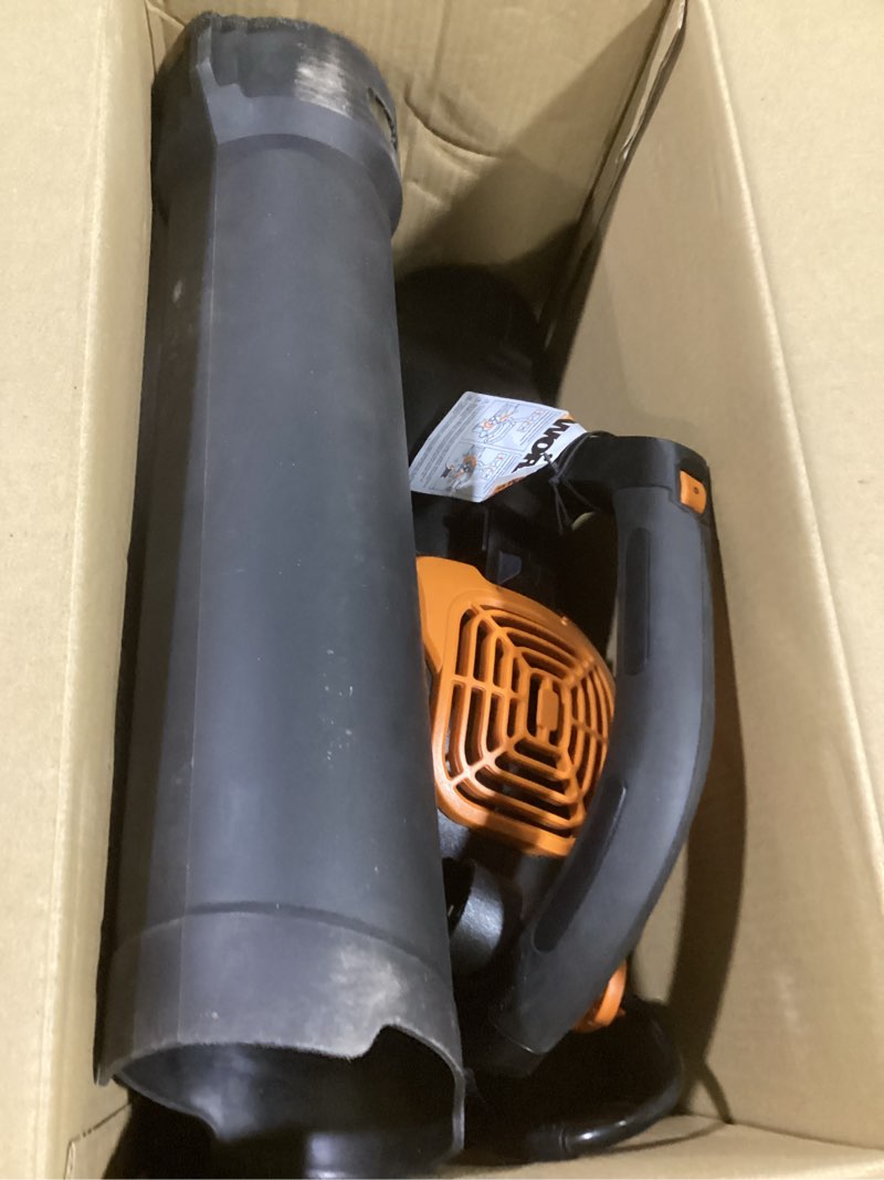 Condition photo showing As Is for worx trivac 3 in 1 electric leaf blower for lawn care, leaf vacuum with 600 cfm, leaf mulcher with metal impeller, wg512 600cfm blower/vac/mulcher