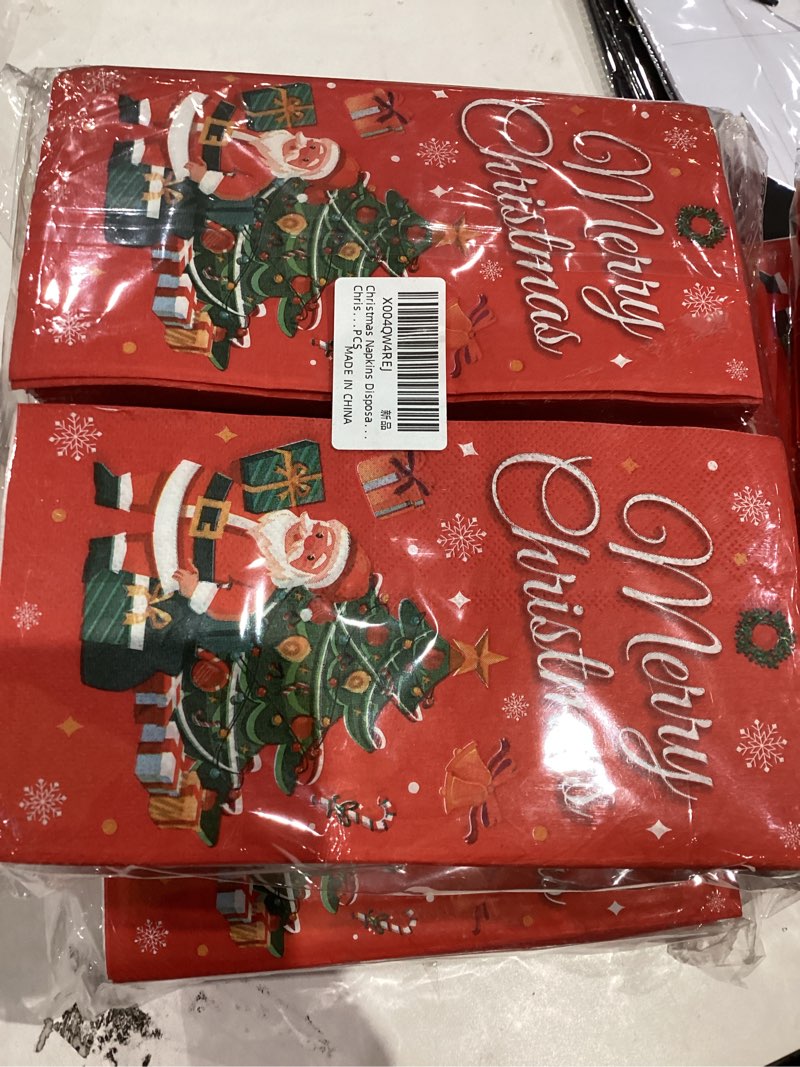 Condition photo showing As Is for Merry Christmas Napkins, 200 Pcs Christmas Disposable Paper Guest Napkins, Red Xmas Tree Decorative Dinner Hand Towels for Xmas Holiday Festive Party Kitchen Bathroom Lunch Dinner Table Decorations 200PCS