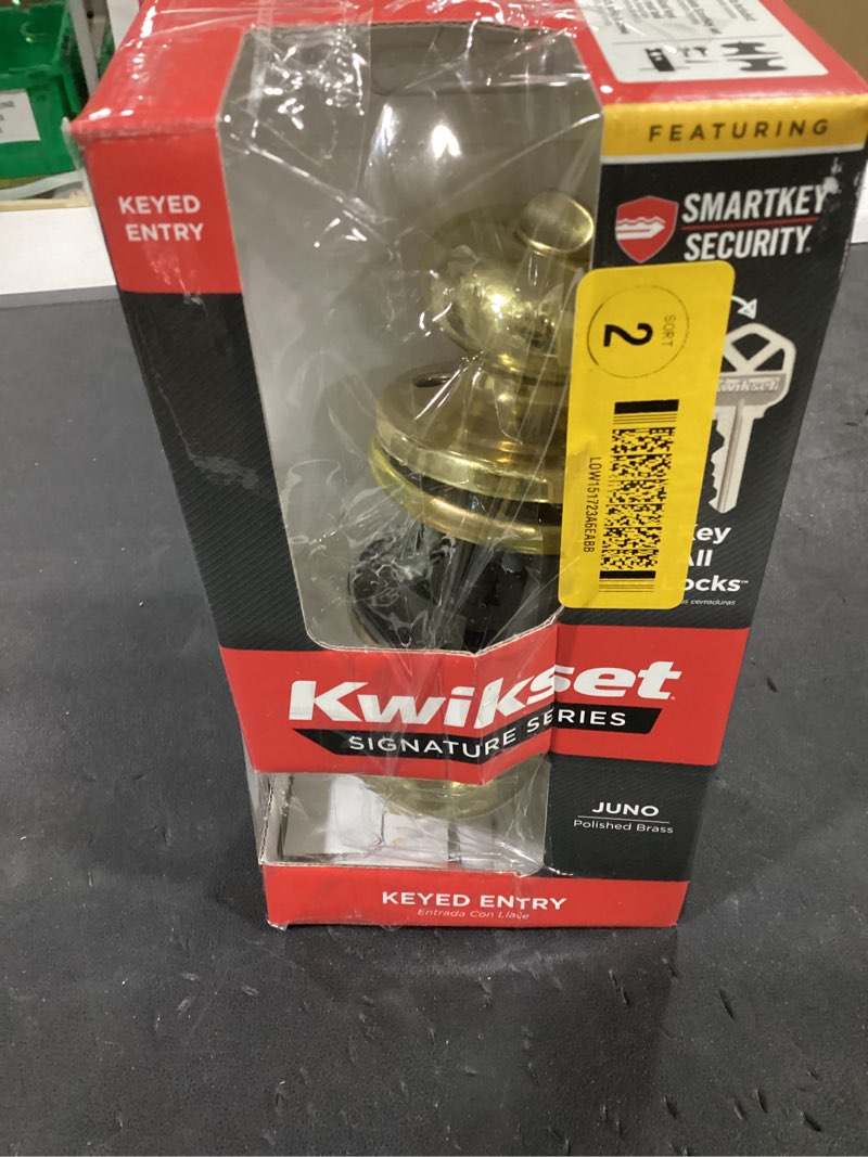 Condition photo showing Good Condition for kwikset juno keyed entry knob featuring smartkey security™ in pb