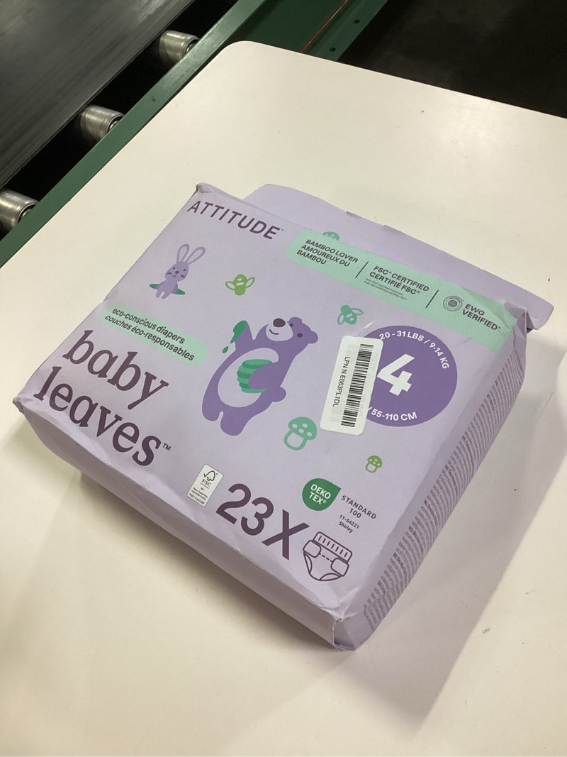 Condition photo showing New/Like New for attitude eco-conscious disposable diapers, ewg verified, size 4 (20-31 lbs), ultra absorbent for baby, vegan & plant-based, 23 count
