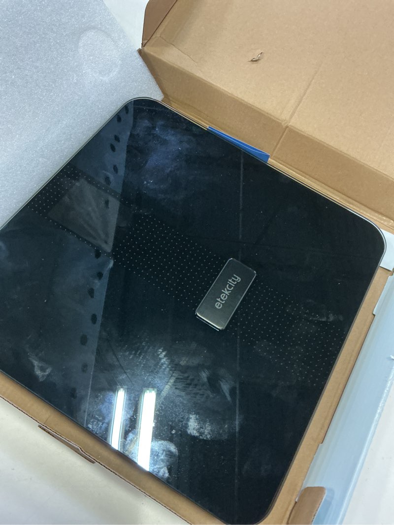 Condition photo showing As Is for etekcity fsa&hsa eligible smart scale for body weight fat, digital weighing machine for accurate bmi muscle mass composition, apple health compatible fitness equipment,tft,?tempered glass,black black-color screen ?11.8 x 11.8 inches