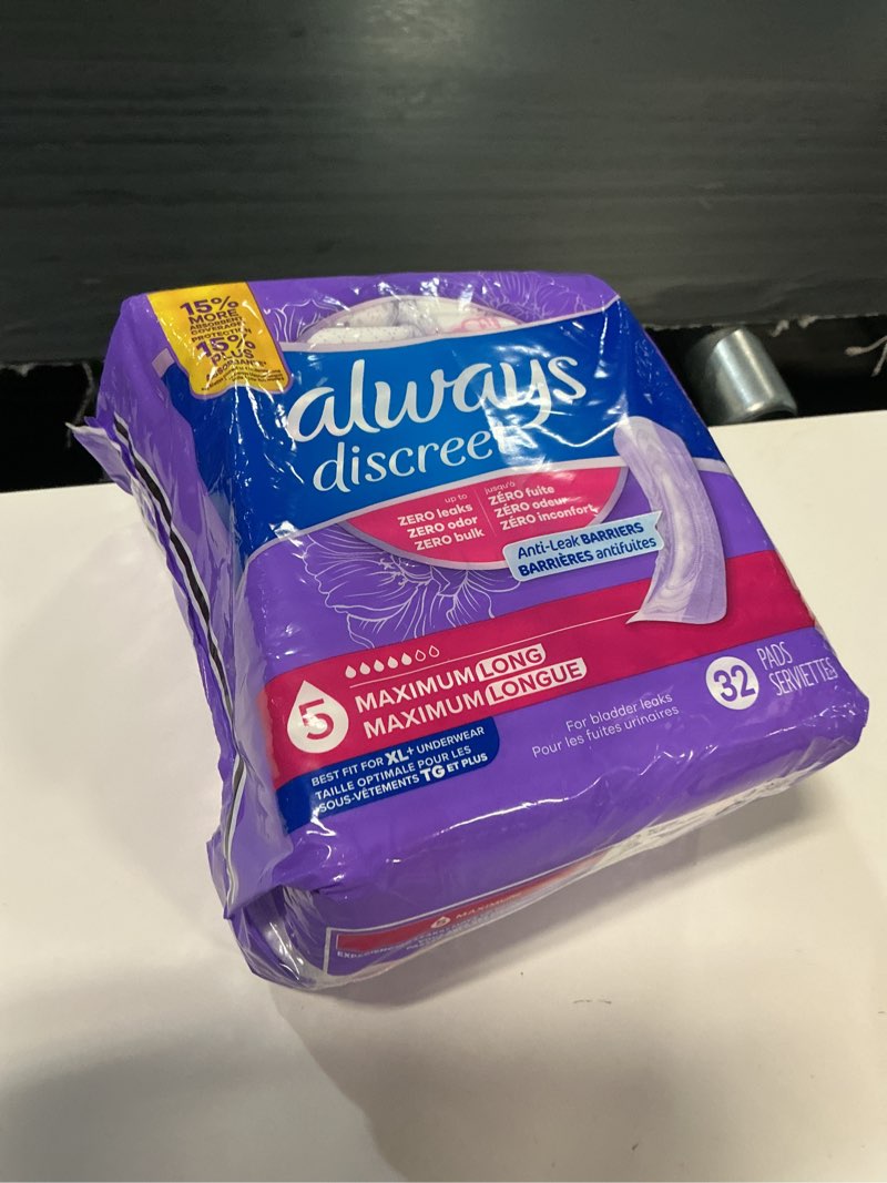 Condition photo showing New/Like New for always discreet adult incontinence pads for women, drier, 5 drop long length, heavy absorbency, pads for bladder control management, bladder leaks, & postpartum pads, 64ct